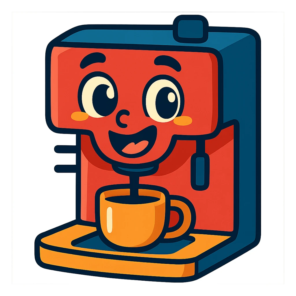 a coffee machine with a cute, expressive face, personified, in a fun and charming style sticker