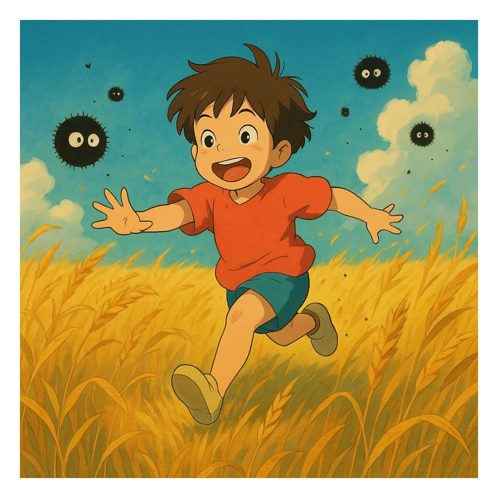 A child running through a golden wheat field, chased by playful dust spirits. sticker