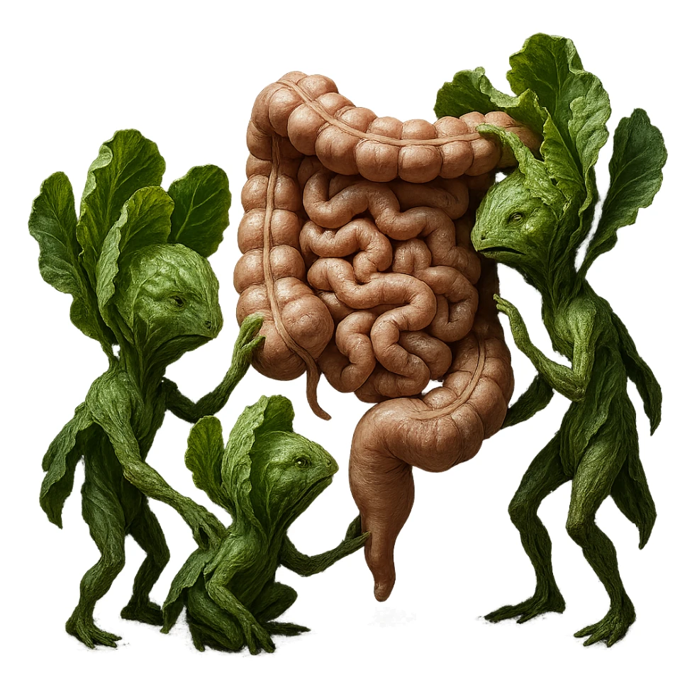 Ultra-realistic 4K illustration: stylized lettuce leaves depicted as plant-like creatures interacting with a human anatomical model of the intestine. The scene is surreal and scientific, with organic textures, refined biological details, dramatic lighting, and a bio-fantasy photorealistic style sticker