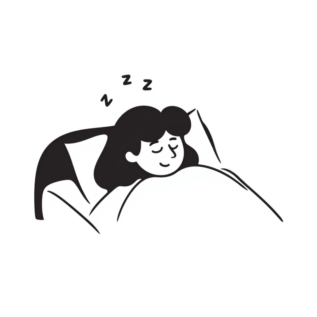 A person sleeping peacefully in bed with a soft smile, gentle z's floating above their head. Cozy, calm feeling with soft colors. Hand-drawn doodle style. sticker