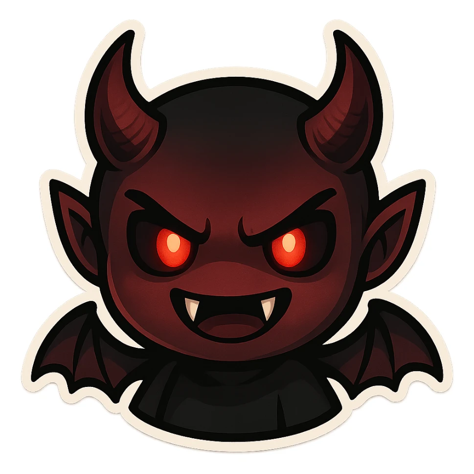 devil emoji in chibi style with gothic palette black and crimson, sharp fangs, glowing eyes, dramatic shadows sticker