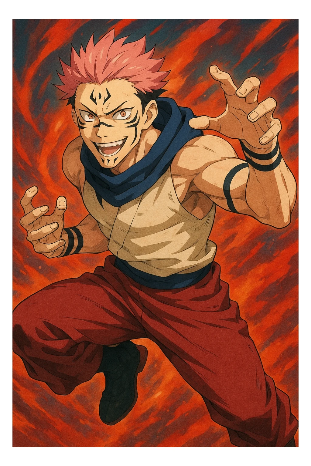 Sukuna character inspired by anime style, visual interpretation 4, detailed, dynamic pose, vibrant colors sticker