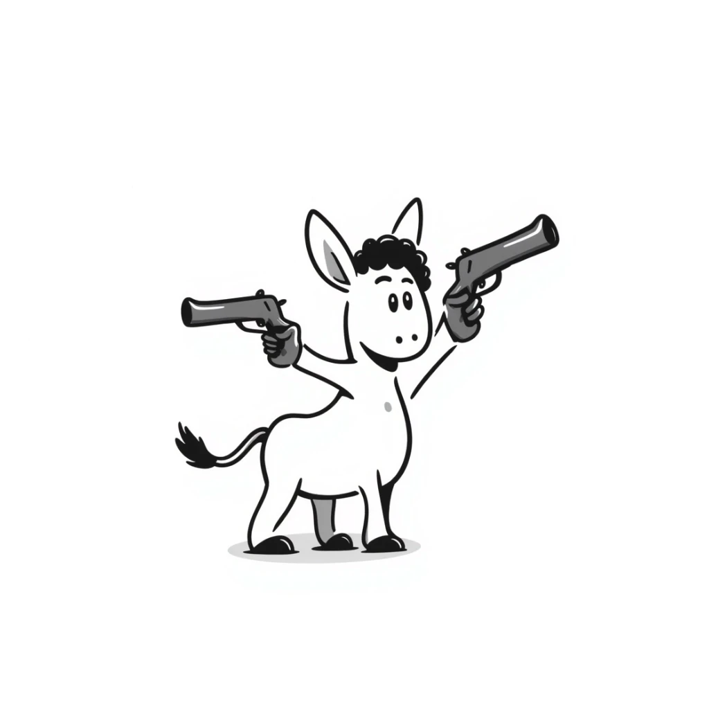 donkey shooting a gun, hand drawn doodle style sticker