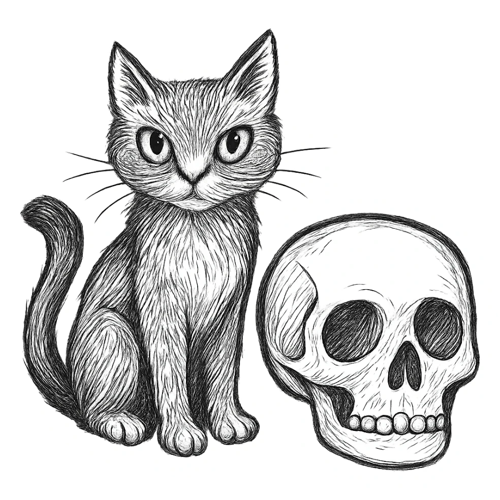 Make the black cat more detailed while keeping the hand-drawn sketch line art style, with no background. sticker