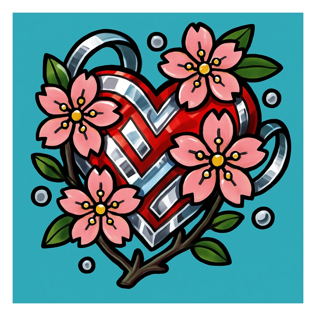 Make the silver accents and details extremely prominent and abundant on the heart with sakura, vibrant toon style. sticker