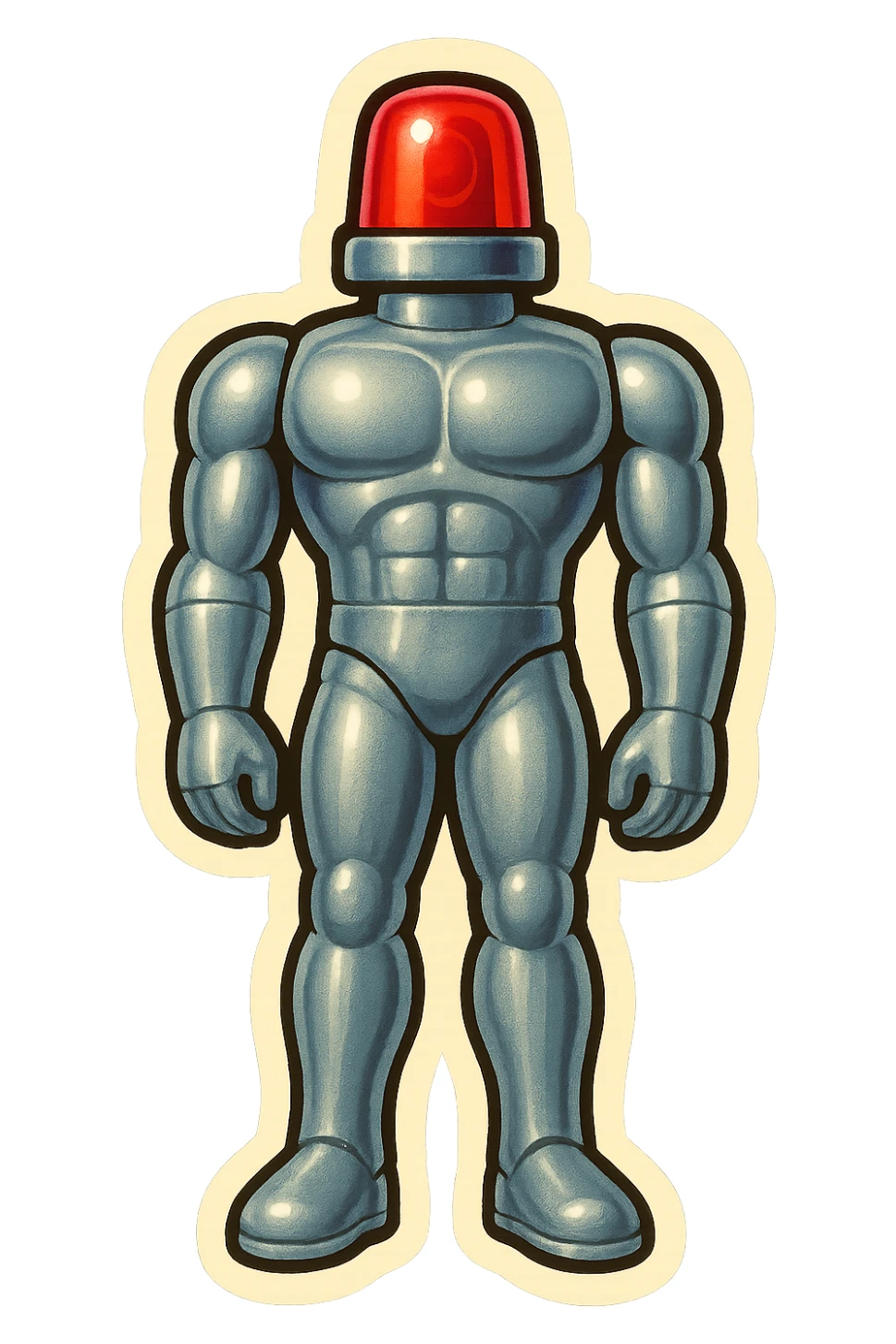 silver muscular robot with a red police light head, standing at attention with arms at sides, retro stickers style sticker