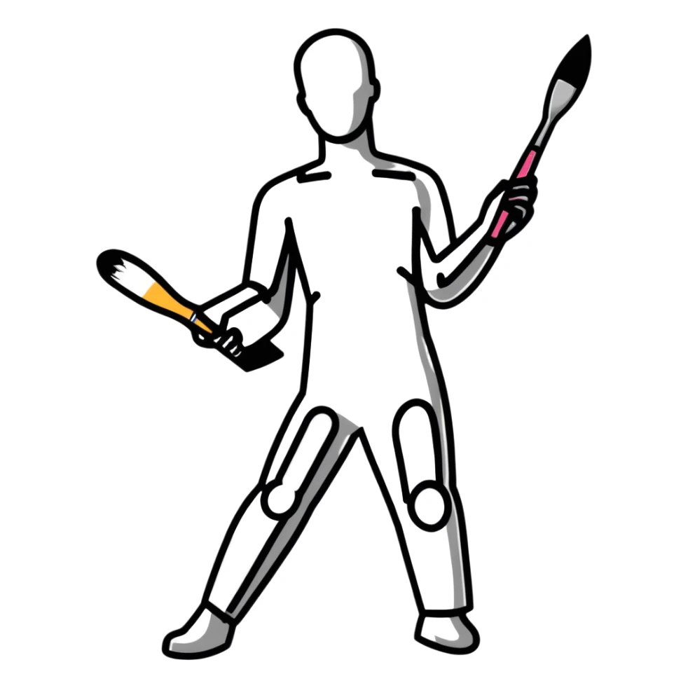 A paintbrush transforming into a metallic human silhouette, symbol of artistic identity sticker