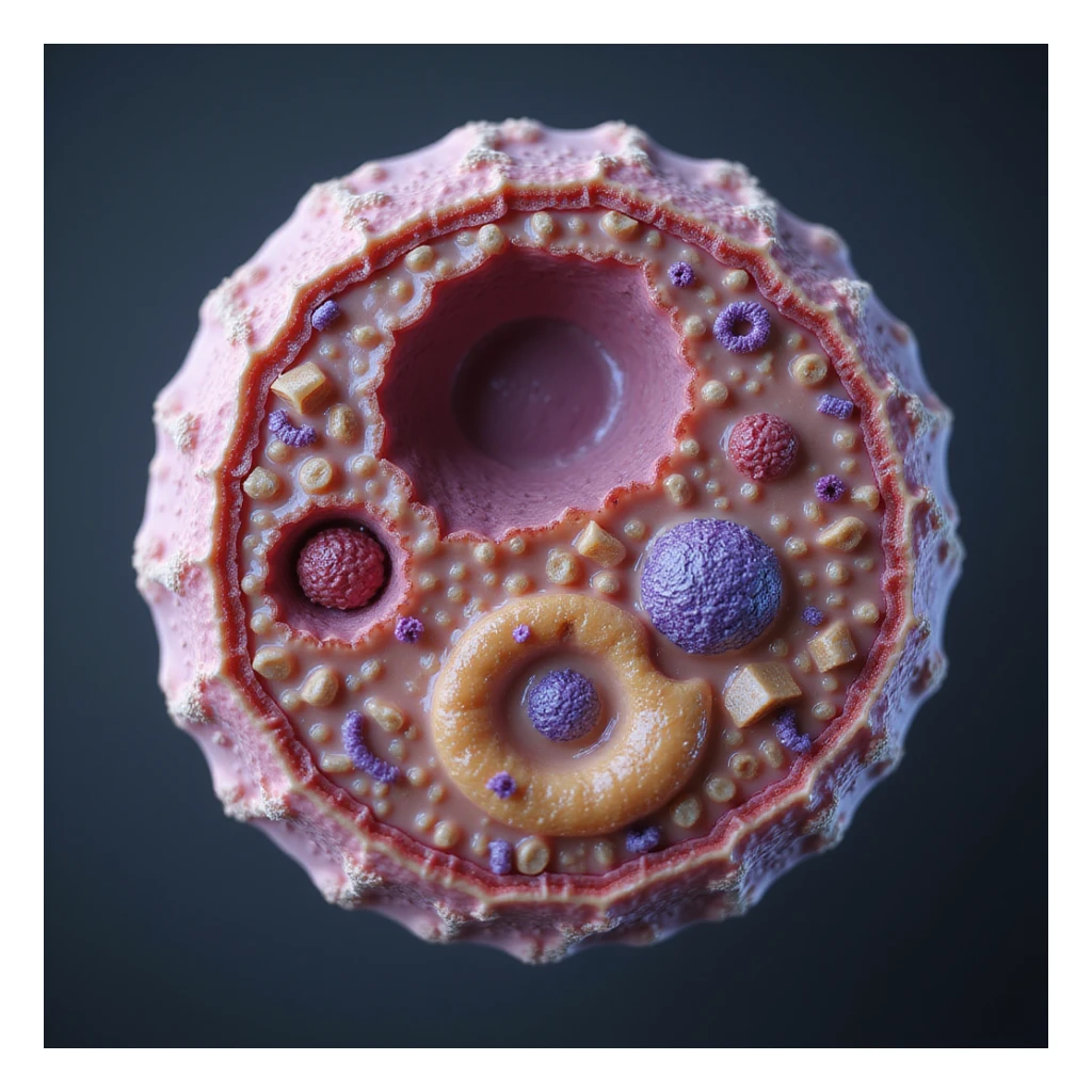 hyperrealistic cross-section 4K of a human cell showing fatty acids bound to carnitine crossing the mitochondrial membrane, anatomical and molecular details sticker