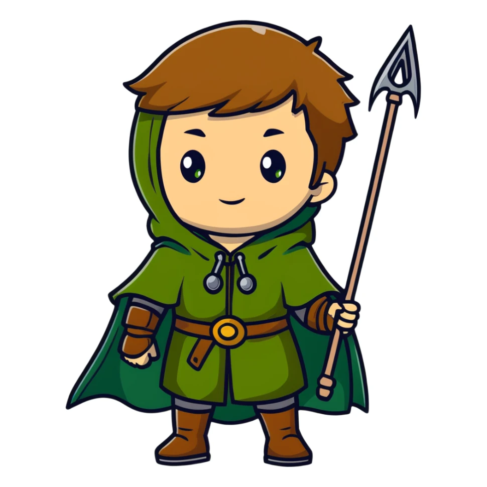 Rudeus Greyrat from Mushoku Tensei, green eyes, short light brown hair, wearing adventurer's outfit with a green cloak, holding a staff, confident and curious expression sticker
