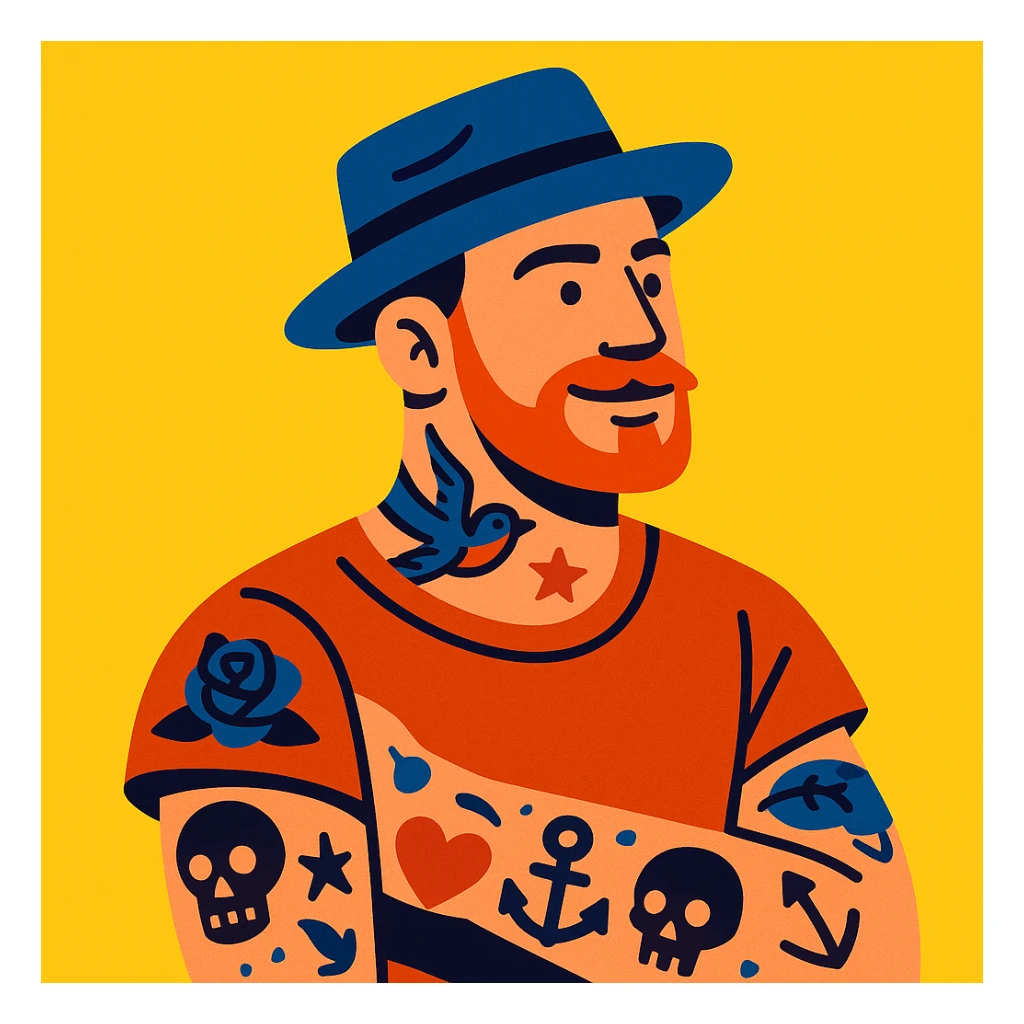 tattooed man wearing a hat, modern illustration style sticker