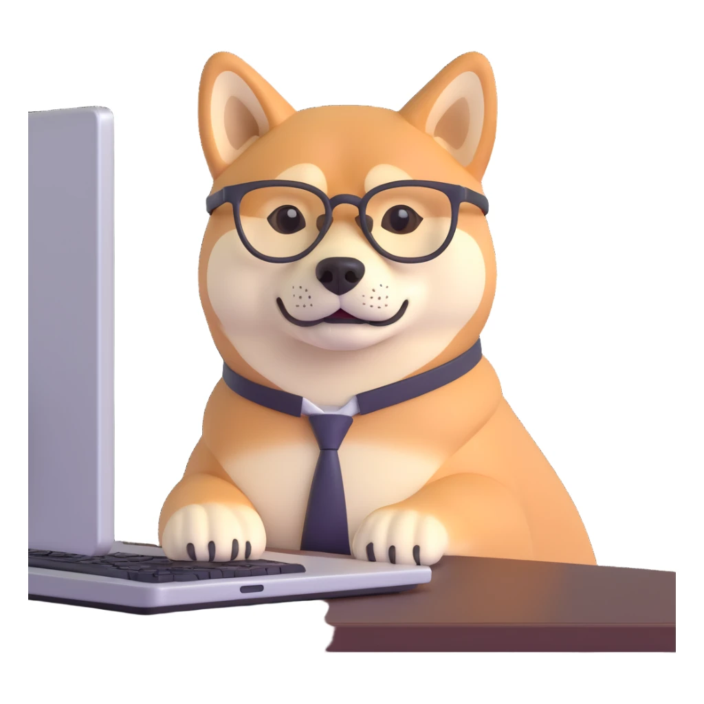 shiba inu with eye glasses and computer sticker