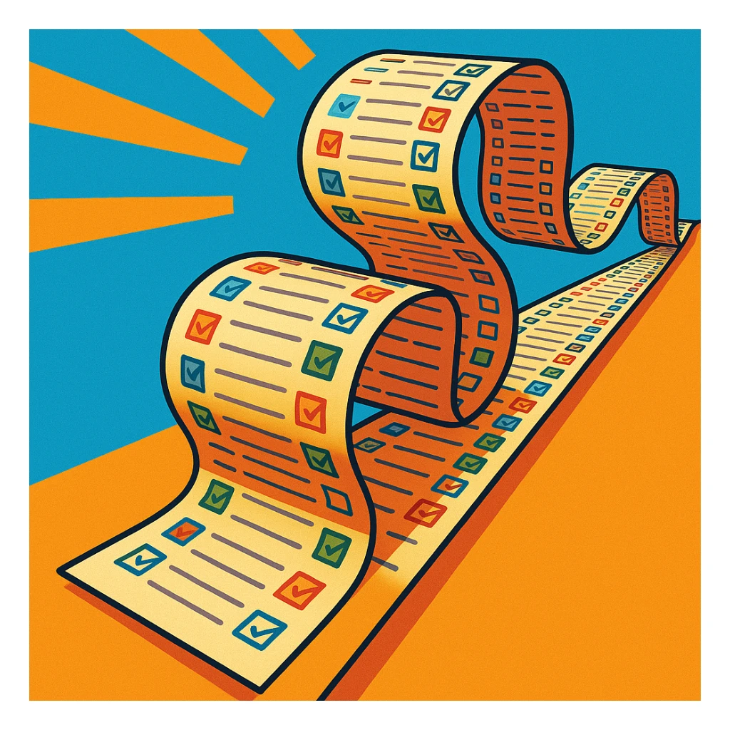 endlessly stretching to-do list paper curling up and down like a snake, packed with tiny colorful checkboxes, fading into the distance, vibrant cartoon style sticker