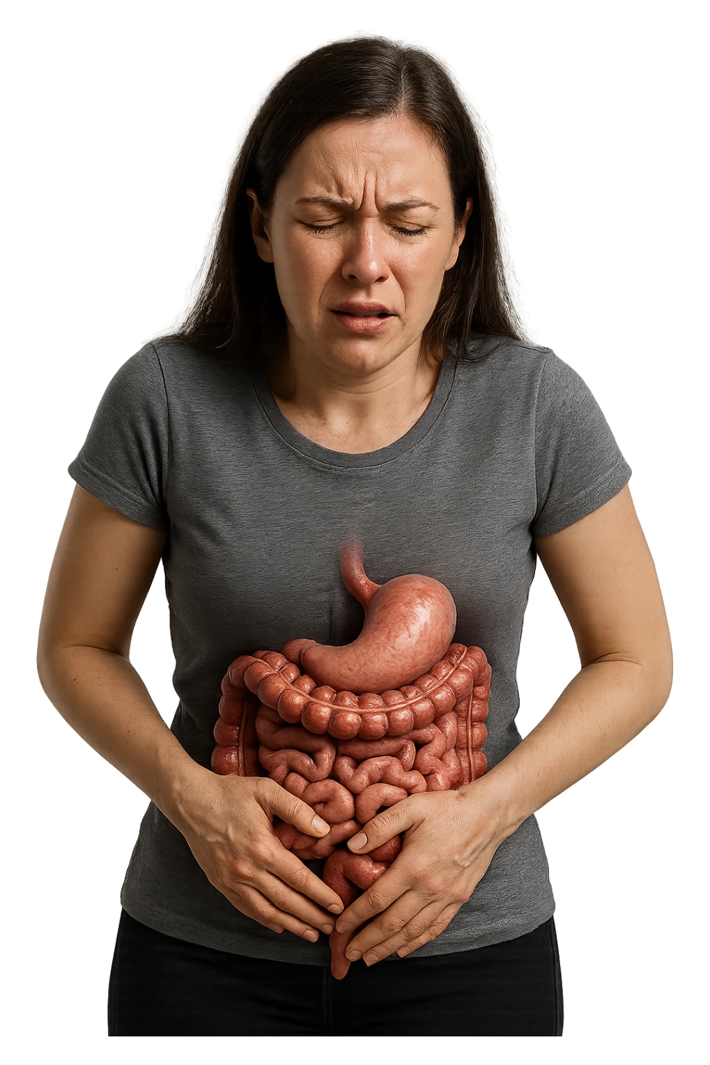 DONNA CON INTESTINO ANATOMICO REALISTICO IN EVIDENZA E MAL DI PANCIA, IPERREALISTICO 4K sticker