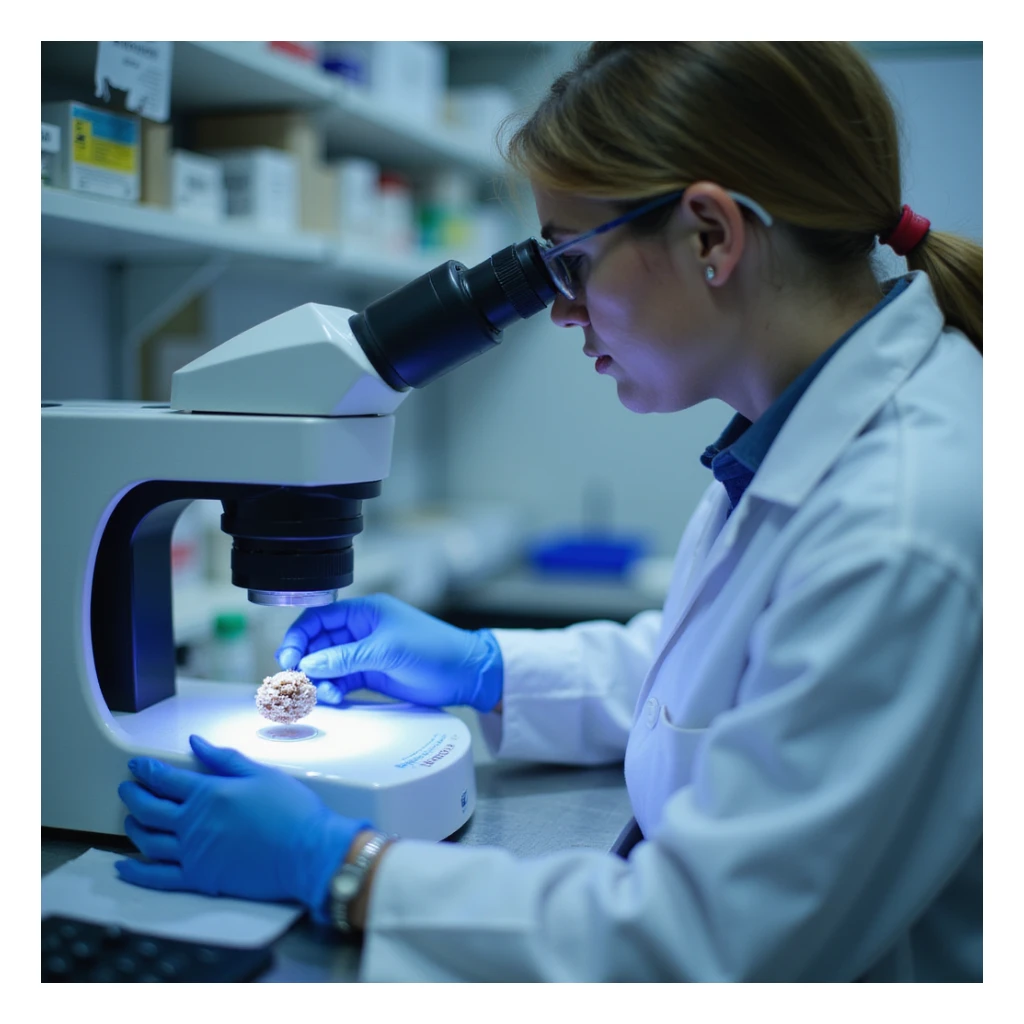 close-up of technician checking purity of dried pig thyroid powder with analytical instruments like spectrophotometer and slides, laboratory environment, cool lighting, 4K details sticker