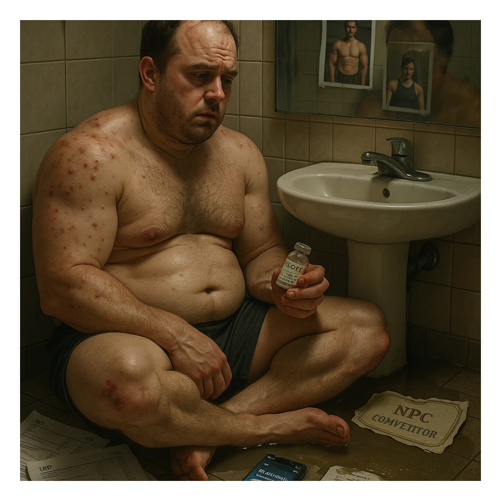 A 35-year-old bodybuilder sits shirtless on a bathroom floor, clutching an empty vial labeled "Test E 250mg". His physique shows the paradox of PED abuse: bloated stomach (high estrogen), but zero exceptional muscle gains.  

Hyper-detailed elements:  
- **Needle marks** (track lines) on glutes with fresh bruising  
- **Acne clusters** on shoulders (CYP-induced)  
- **Lab papers** showing crashed LH/FSH (HPTA suppression)  
- **Phone screen** glowing with forum posts: "No risultati in 8 weeks"  

The mirror reflects his exhausted face (dark circles, receding hairline) contrasting with gym selfies on the wall showing his younger natural self. A torn "NPC Competitor" certificate floats in dirty water.  sticker