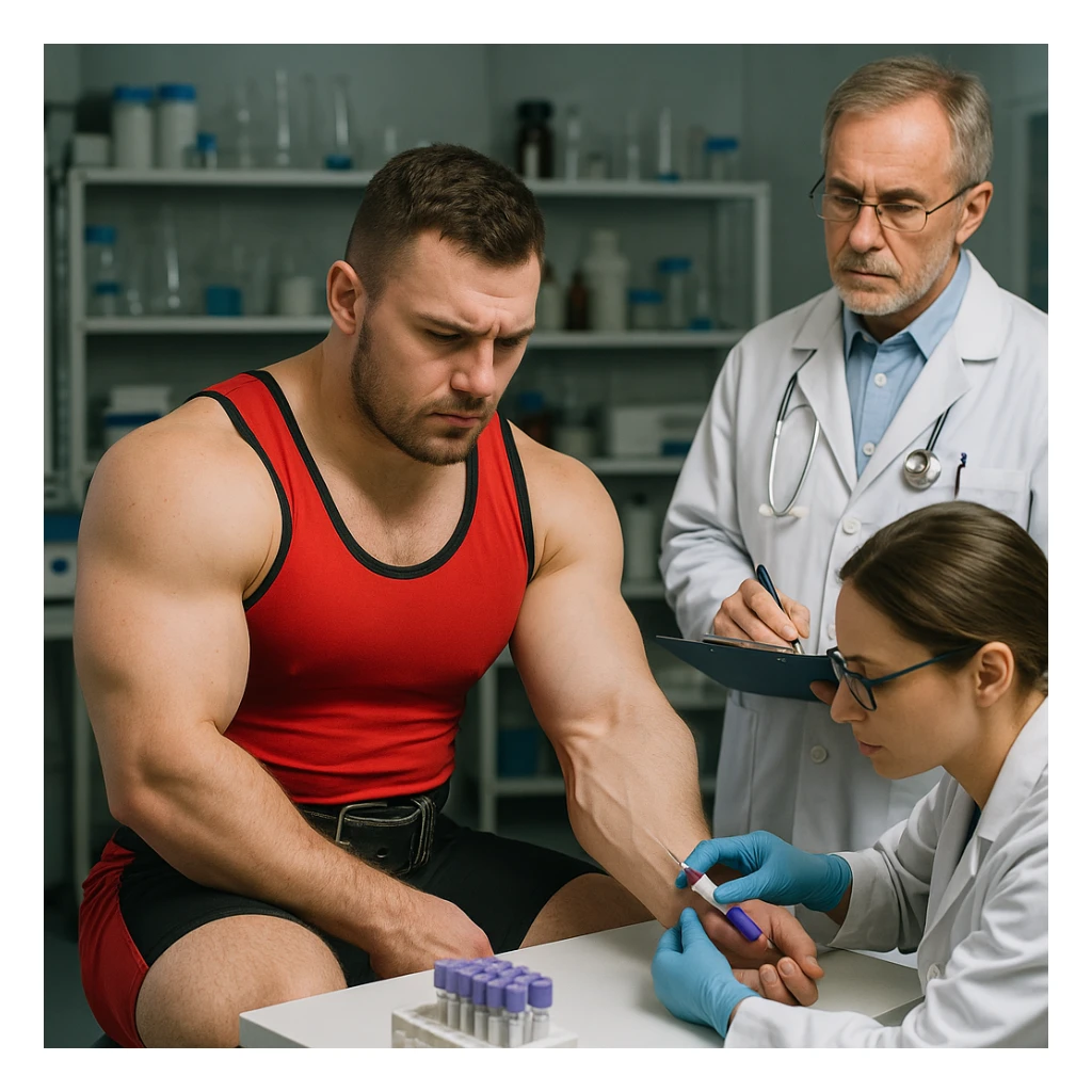 European powerlifter in competition clothing undergoing blood sampling for anti-doping test, medical staff present, realistic atmosphere, laboratory background. sticker