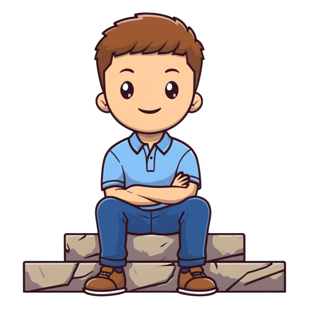 Young man with light skin and short brown hair sitting on stone steps, wearing white polo shirt with blue details and jeans sticker