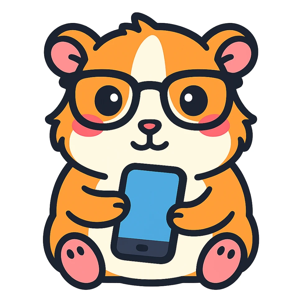Make the guinea pig match the original reference: same face and glasses style, but holding a phone for a phone app, in a cute, outlined, colorful style. sticker