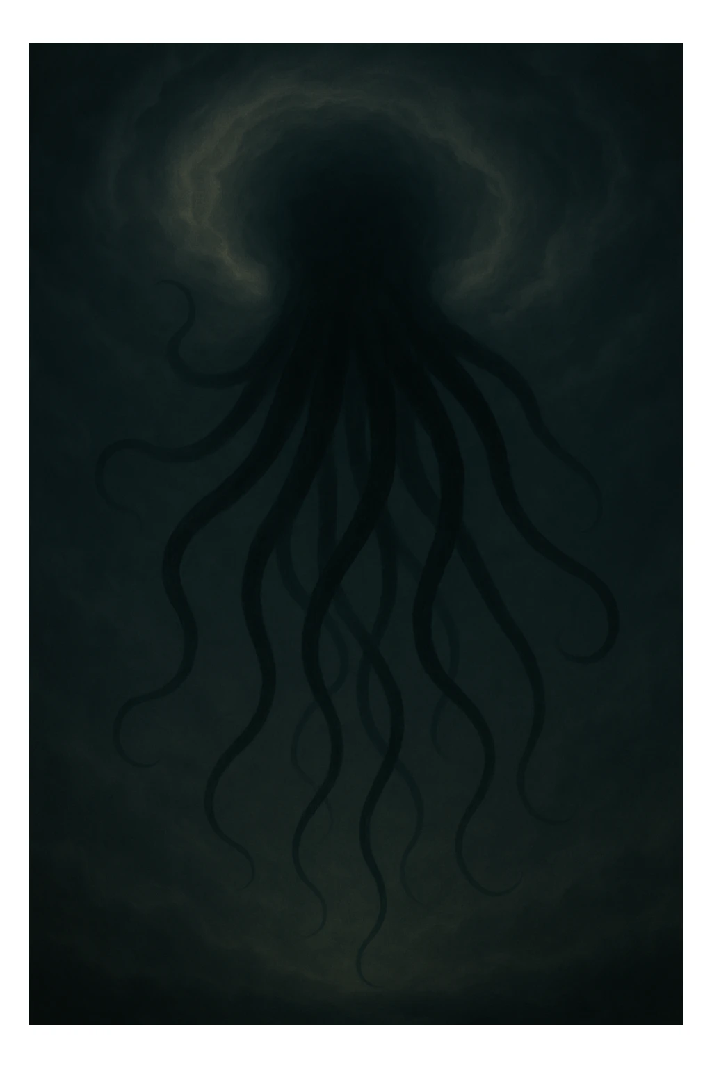 Hide the creature's head in the clouds so only the long tentacles are visible emerging from the swirling sky, dramatic cosmic horror style, inspired by flux pro style, no background sticker