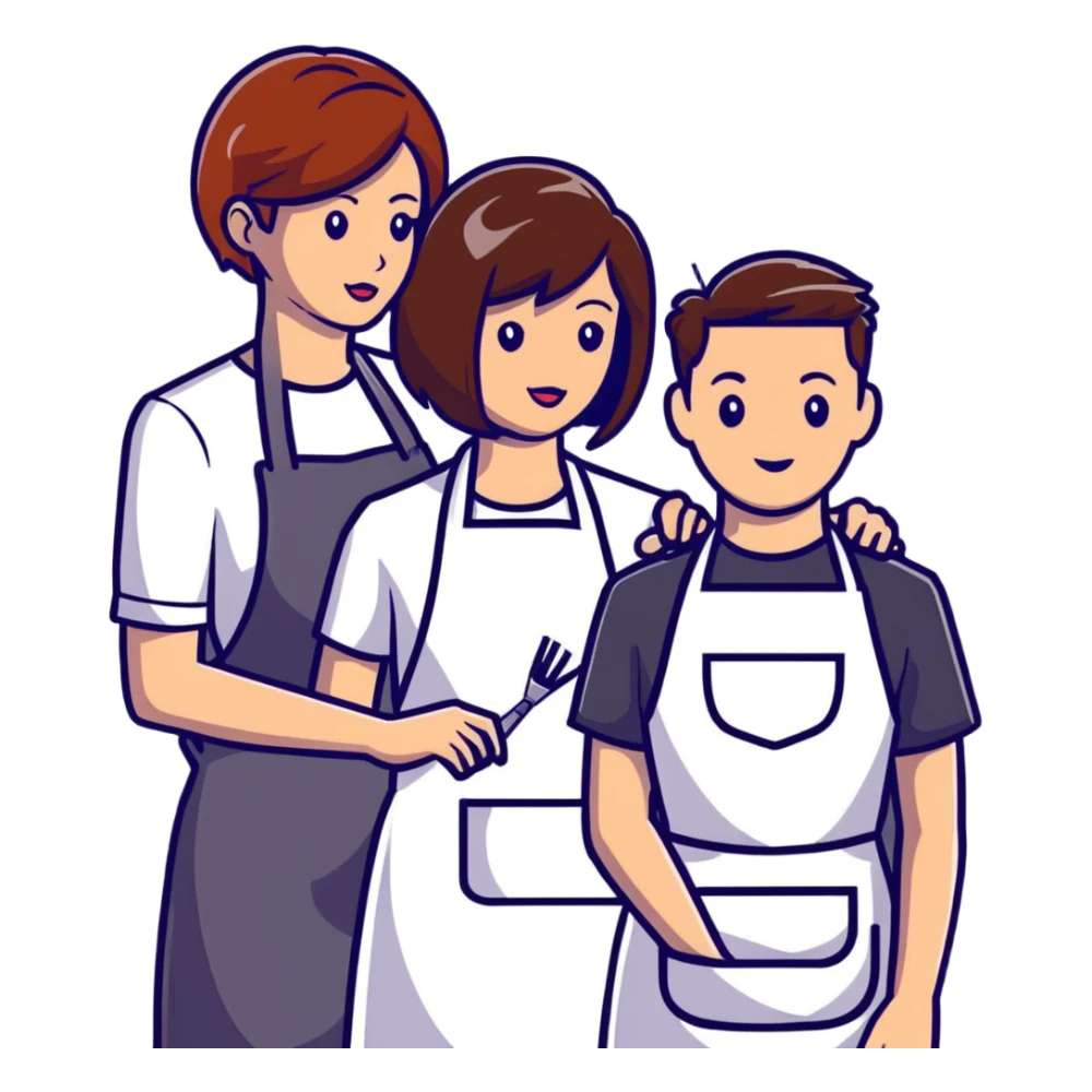 stylist with apron demonstrating haircut on mannequin to student sticker