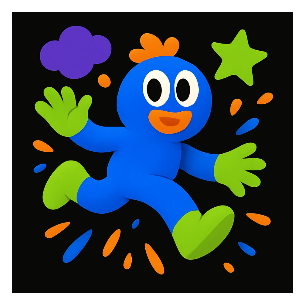 Remove all text and written matter, keep only the mascot character and visual elements. Preserve the playful, energetic, and imaginative style suitable for a black website background. sticker