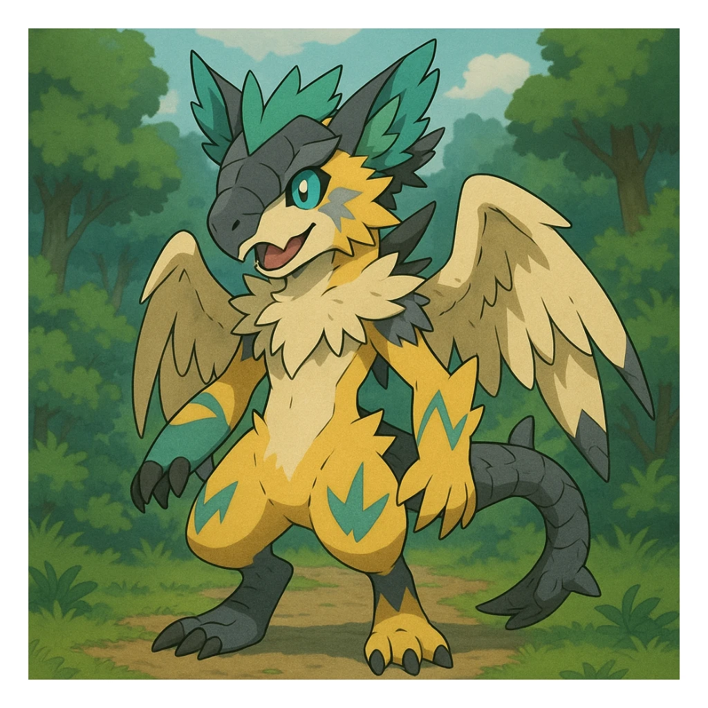 Sergal-Protogen-Trico-Renamon-Lombax-Zeraora-Vernid-fusion-hybrid-creature, drawn in a Pokémon/Digimon style sticker
