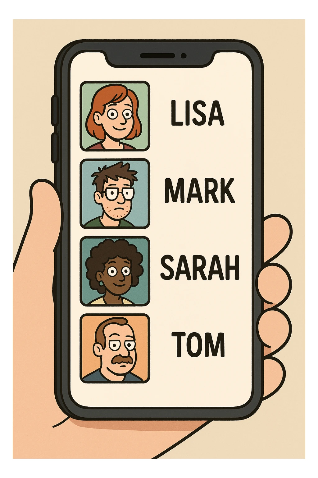 Front screen of the phone with friends' contacts sticker