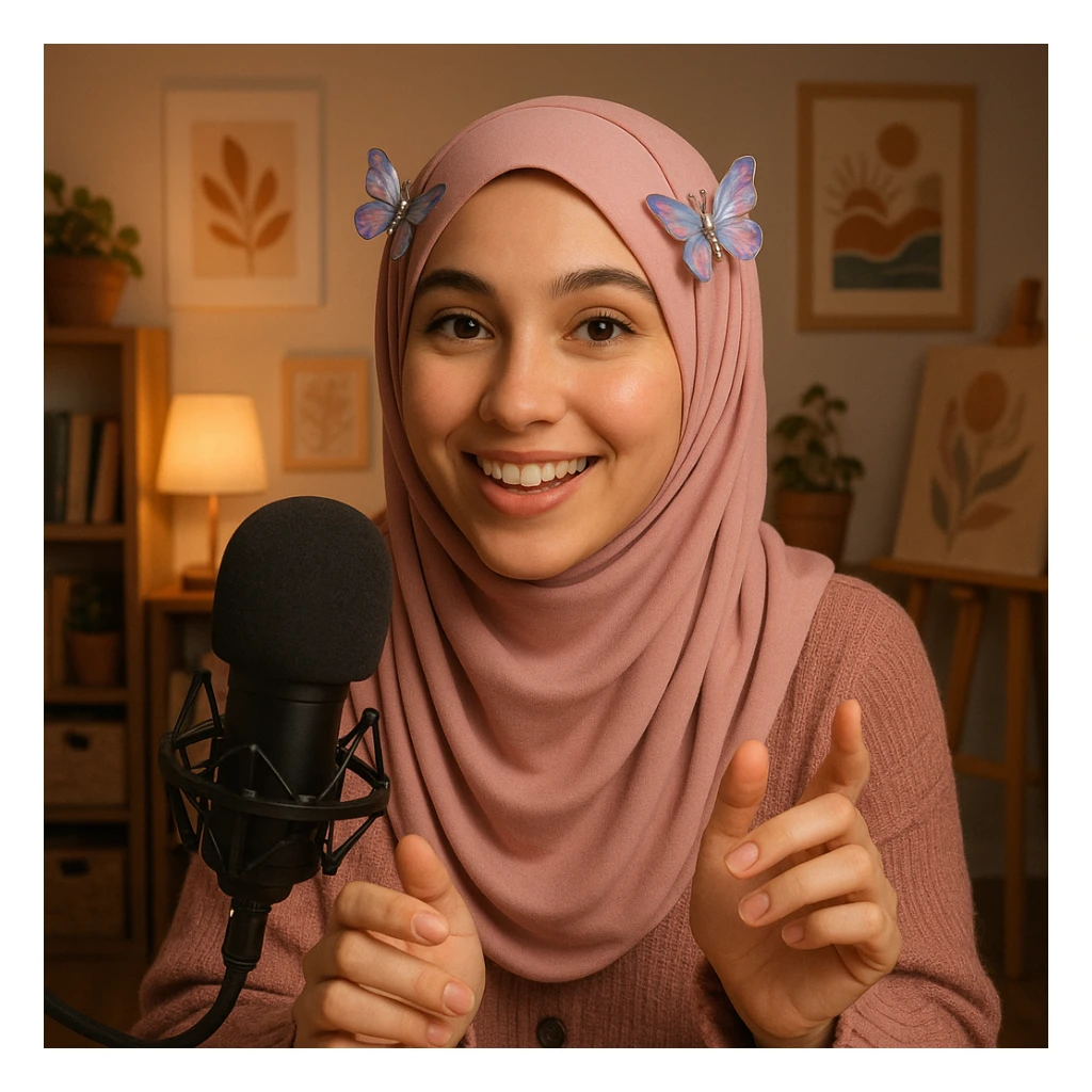 a girl ASMR content creator wearing a stylish pink hijab, with butterfly hairclips on both sides of her hijab (left and right), friendly and creative expression sticker