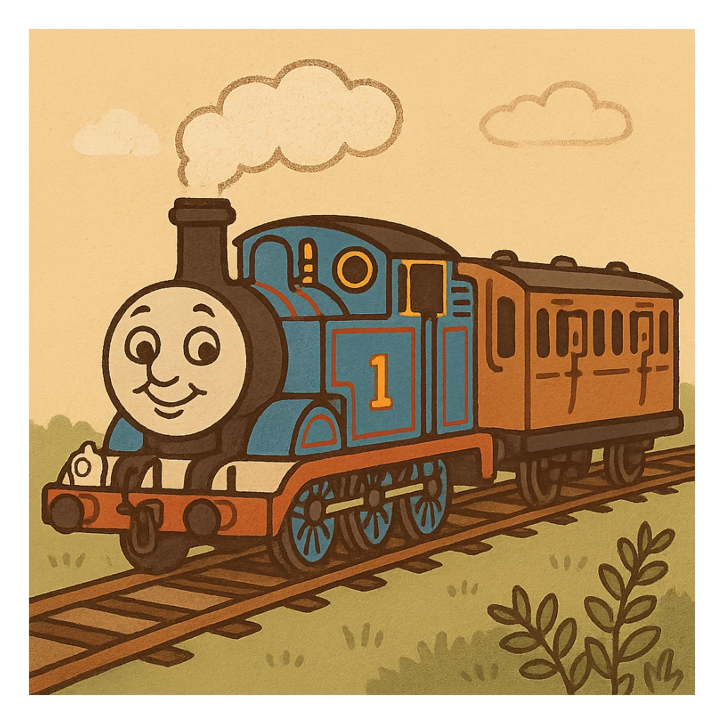 Thomas the Tank Engine with Annie and Clarabelle, detailed illustration, blue locomotive, two orange passenger cars, happy expression, no text sticker