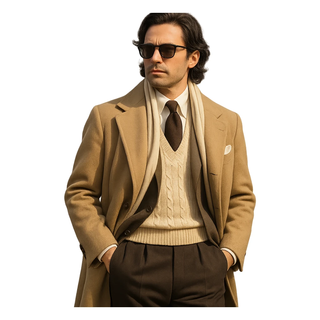 an affluent man dressed in classic old money fashion, sunglasses, medium-long black hair sticker