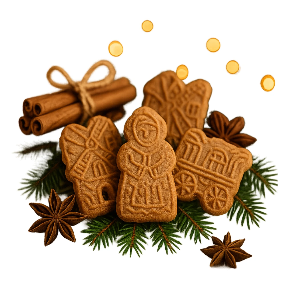 speculoos cookies arranged in a festive holiday setting, with cinnamon sticks and star anise, cozy atmosphere, white background sticker