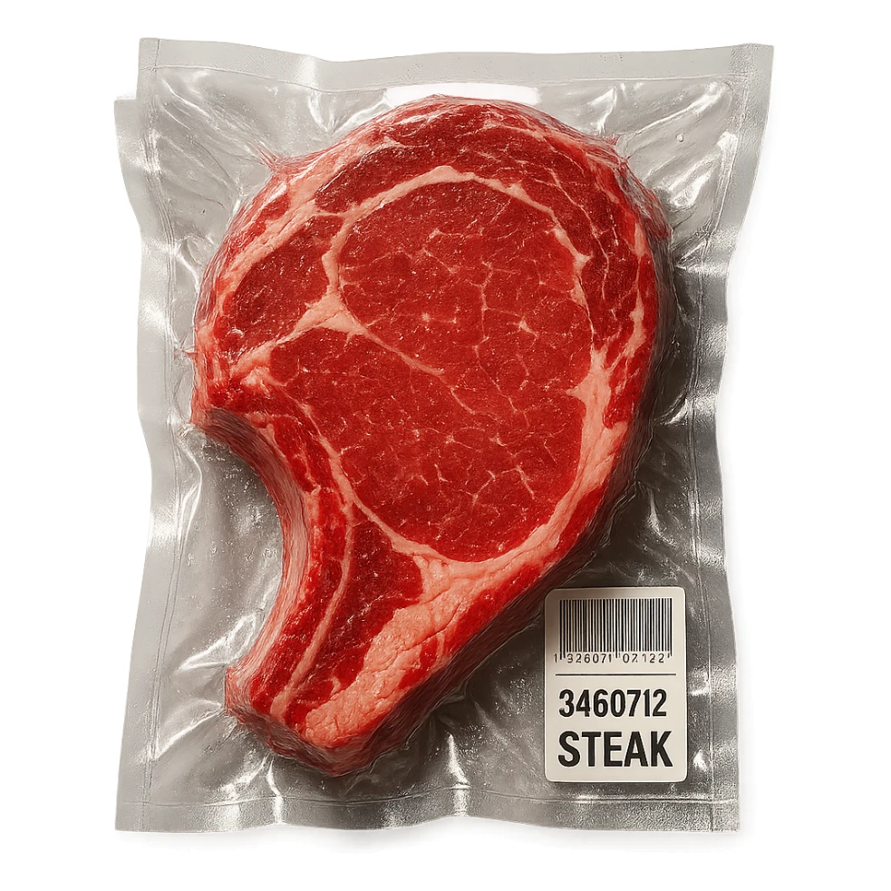 steak with sparkling highlights, glossy and inflated, vacuum-sealed style sticker