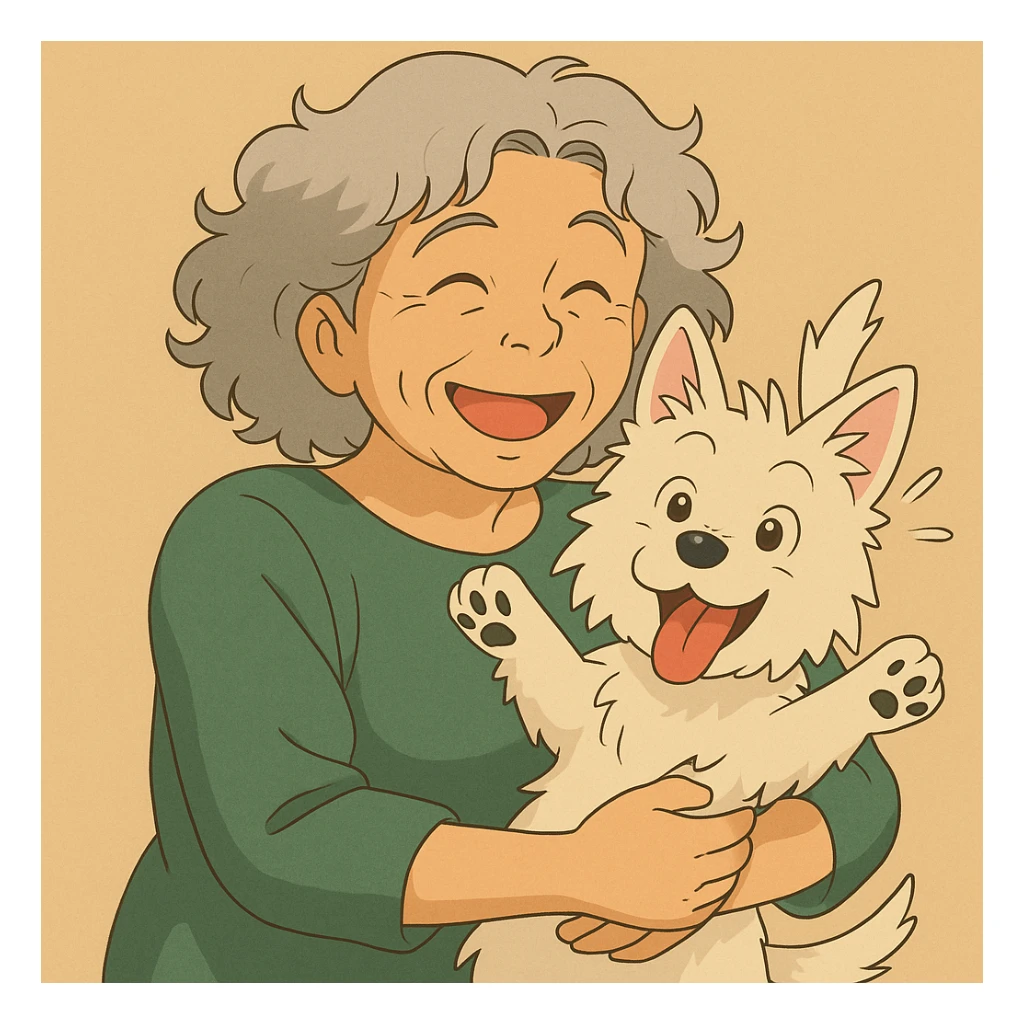 Make the Westie dog playful, with a joyful pose or playful look, keep the 50-year-old lady with silver curly hair smiling sticker