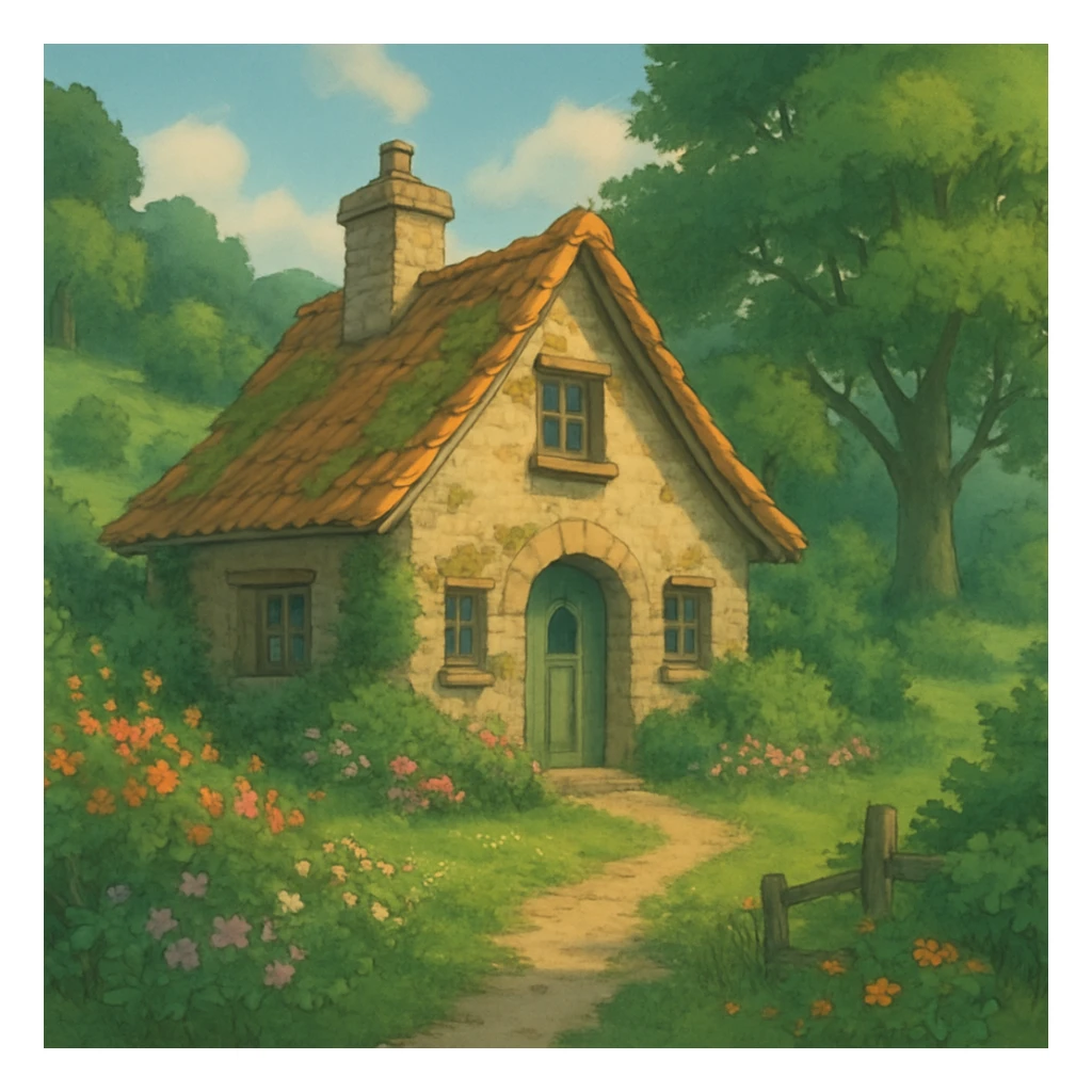 cozy cottage in a lush landscape with gentle lighting in ghibli style sticker