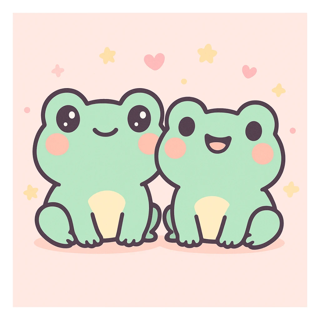 two cute frog friends sitting together, cartoon style sticker