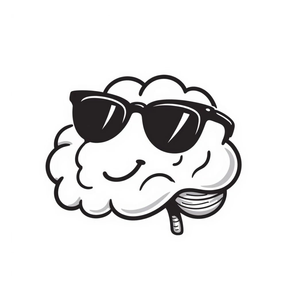 digitally hand drawn icon of a brain with sunglasses, smiling sticker