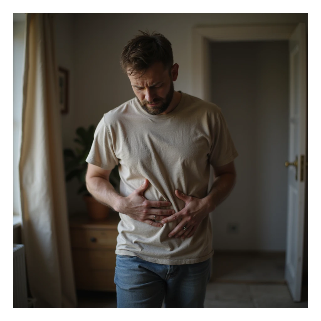 realistic hyper-detailed 4K image of a man holding abdomen while walking slowly at home, pained face, home clothes, realistic atmosphere sticker