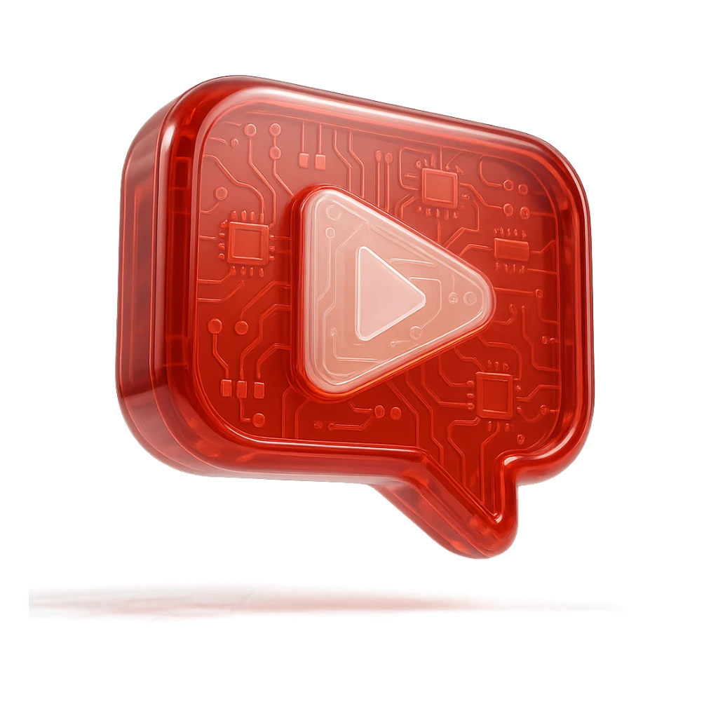 red speech bubble with a red YouTube play button, like a trophy, glossy circuit style sticker