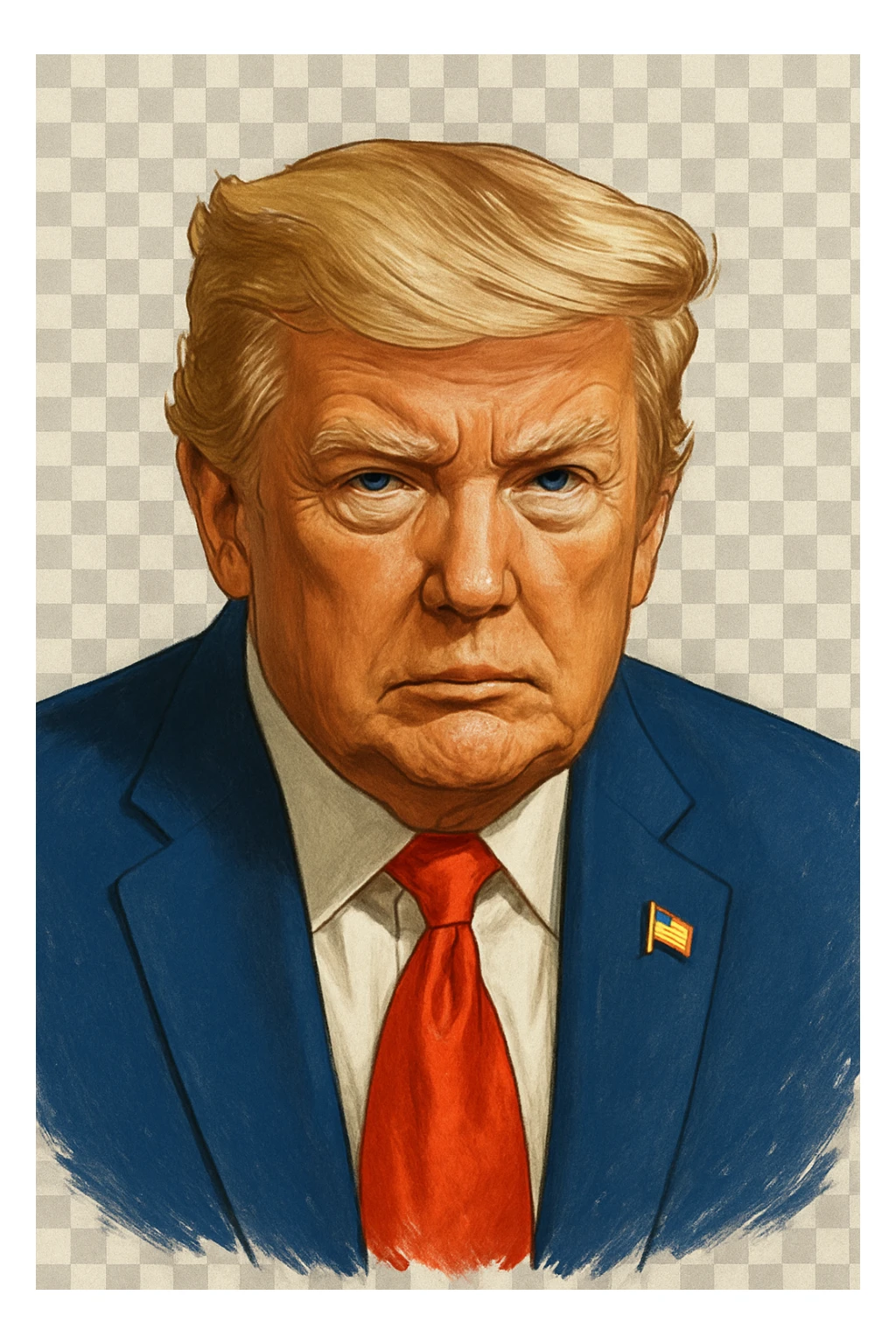 Дональд Трамп в слегка рисованном, но при это объемный стиль, прозрачный фон sticker