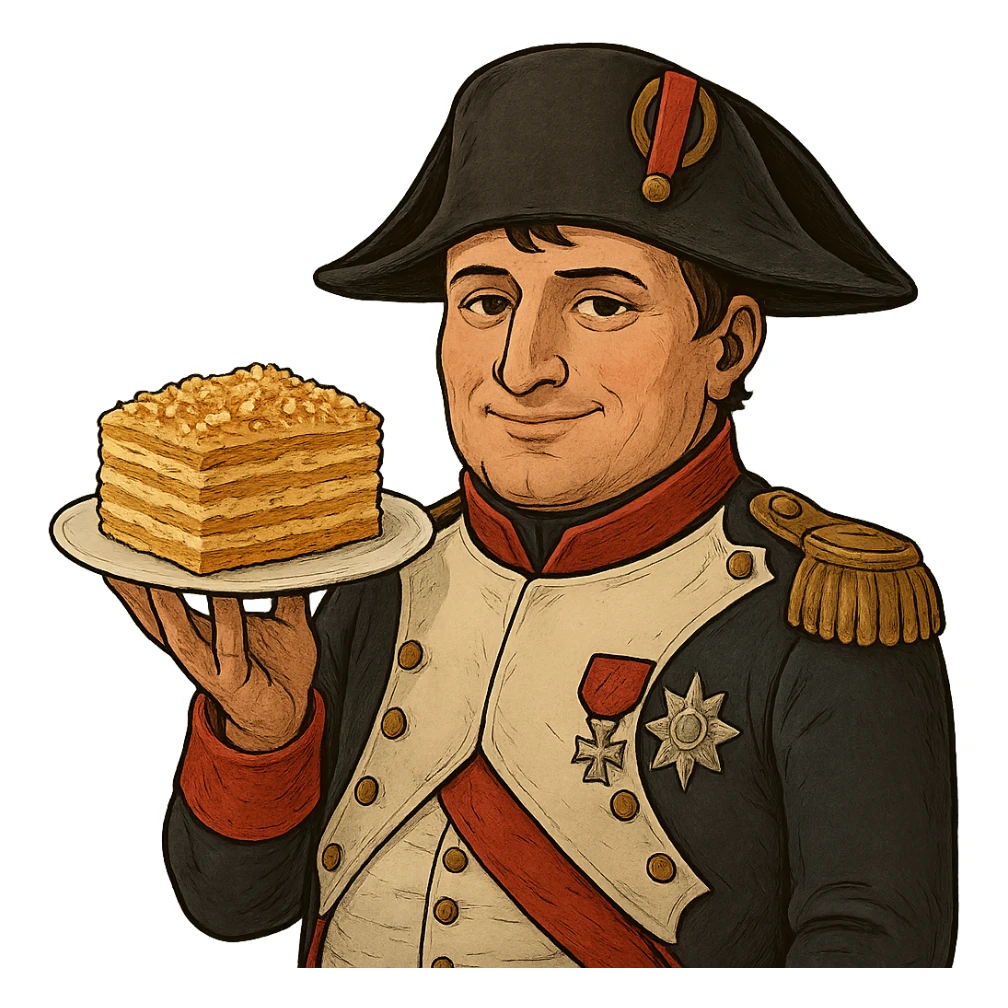 Используя похожую стилистику, слегка мультяшную, но при этом реалистичную - сгенерируй Наполеона, который довольно держит на тарелке торт наполеон, как бы демонстрируя его зрителю sticker