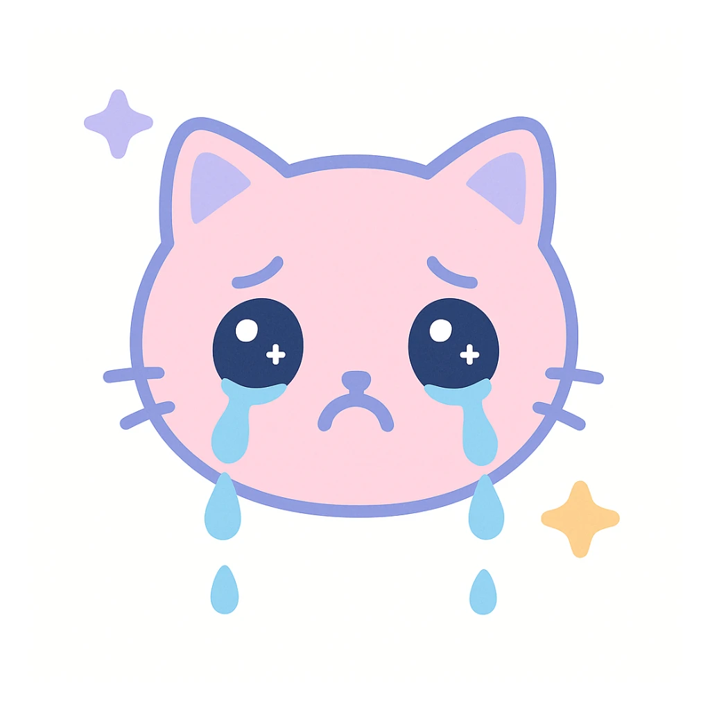 Make the sad cat emoji crying with big kawaii tears, pastel colors, with background, in the kawaii style. sticker