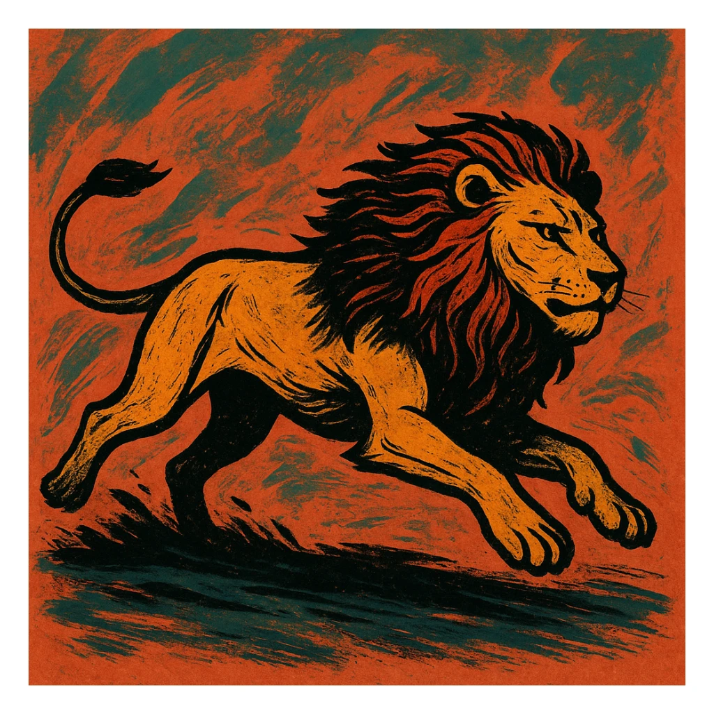 león corriendo, fondo simple, estilo alternativo, ilustración artística sticker