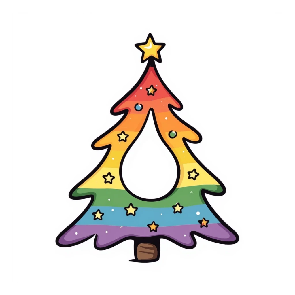 A Christmas tree with rainbow colors spread from inside to out with a middle Christmas tree shape hole sticker