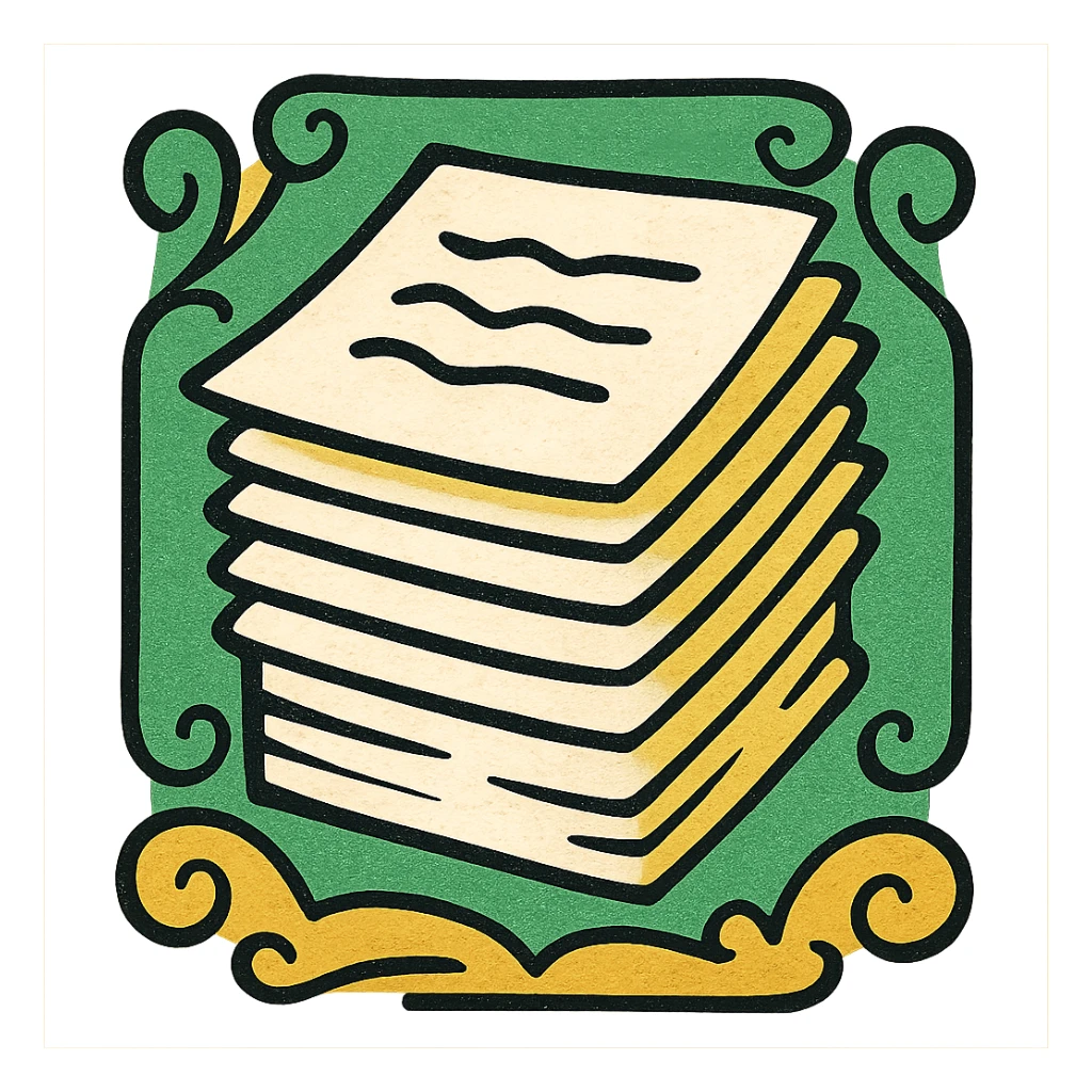 stack of papers or paperwork, classic look, green gold and white color scheme, elegant lines, decorative details sticker