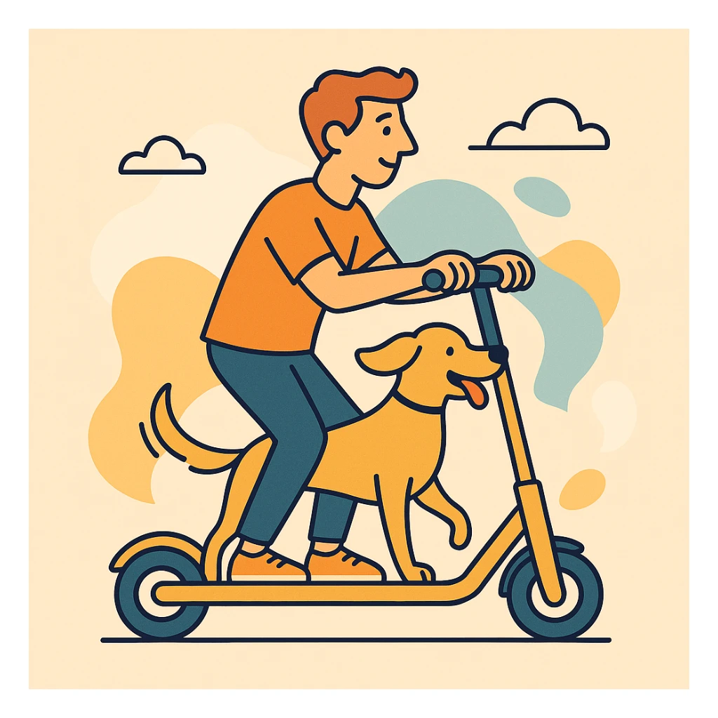 color vector art with thin outline of man and pet dog riding a scooter sticker
