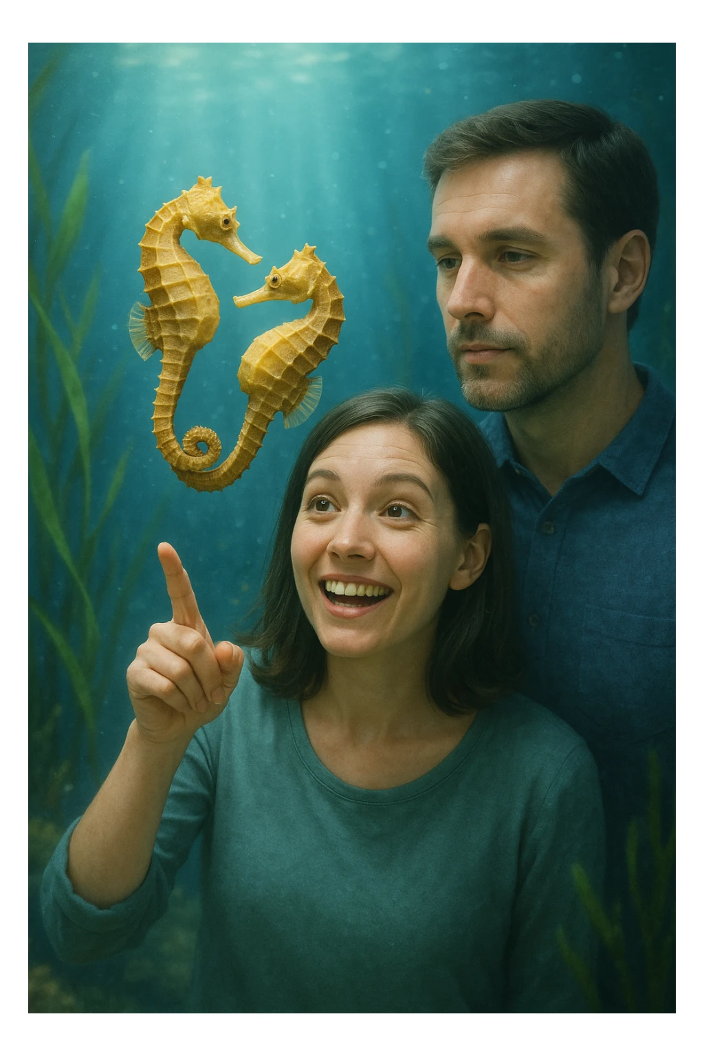 Vertical format: A couple observing two intertwined seahorses, the woman smiling and pointing, the man reflecting, atmosphere of wonder and learning. sticker