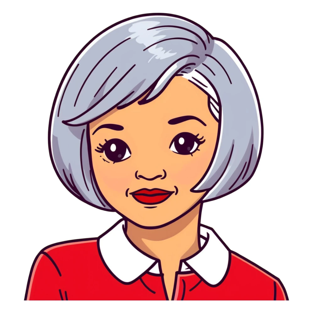 Elegant Hispanic senior woman, 70s, with silver bob haircut, bright complexion, marked cheekbones, almond-shaped hazel eyes, wearing red lipstick and a red structured collar blouse sticker