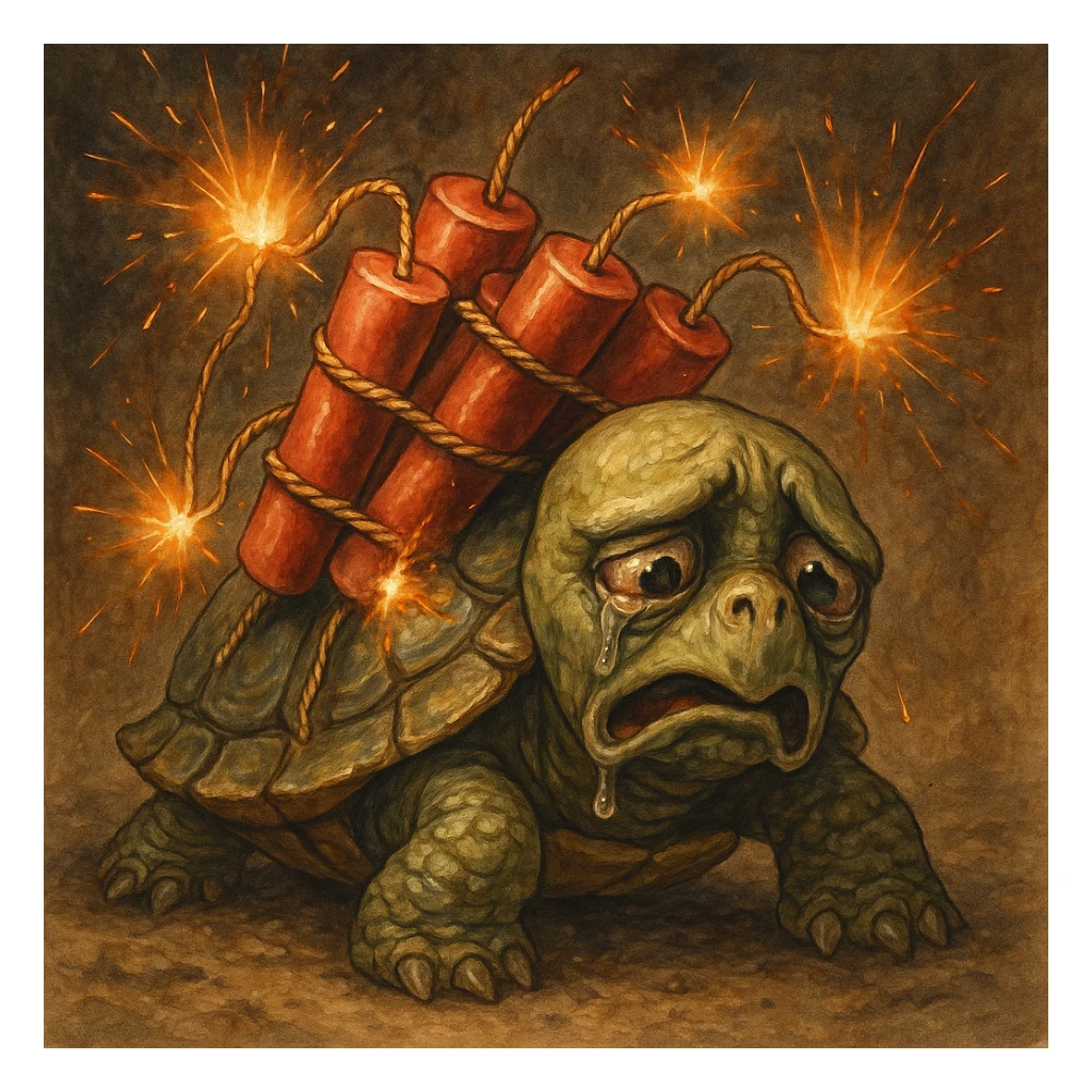 A sad turtle with firecrackers strapped to its back, looking distressed, the firecrackers are lit and causing harm to the turtle, expressive and emotional sticker