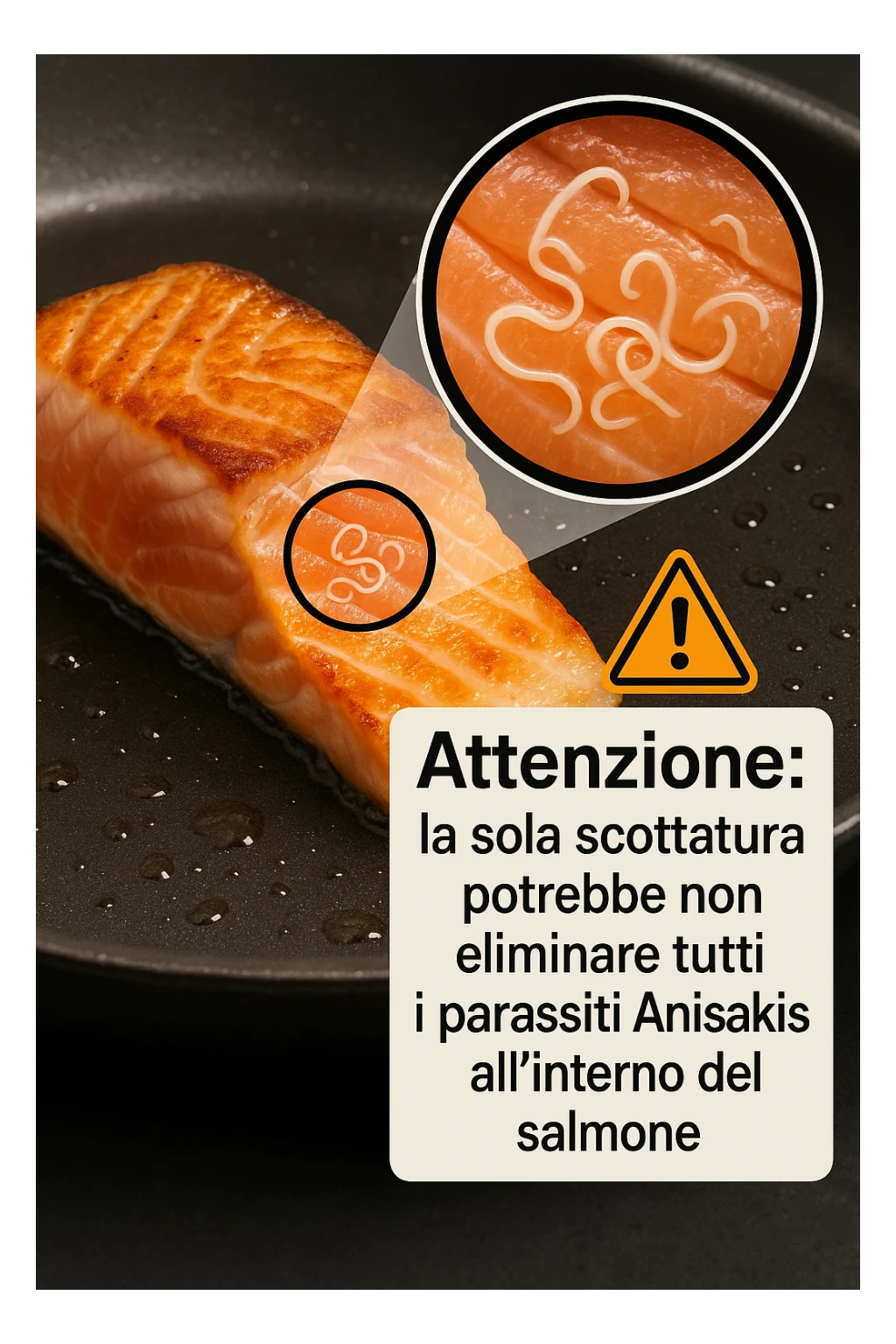 a close-up of a salmon fillet being lightly seared in a hot pan, with the outer layer cooked but the inside still raw. An inset magnifies the interior, showing visible Anisakis parasites surviving in the uncooked portion. A warning icon and educational text explain that searing alone may not eliminate all parasites. in italiano sticker