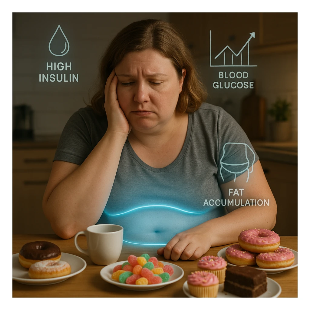 A woman in her late 30s, slightly overweight, sitting tired at a kitchen table with sugary foods in front of her. Her expression frustrated. A faint blue glow surrounds her abdomen, symbolizing metabolic dysfunction. Floating around her body: transparent icons of high insulin, rising blood glucose levels (graph with arrows up), and fat accumulation around the belly and hips. sticker